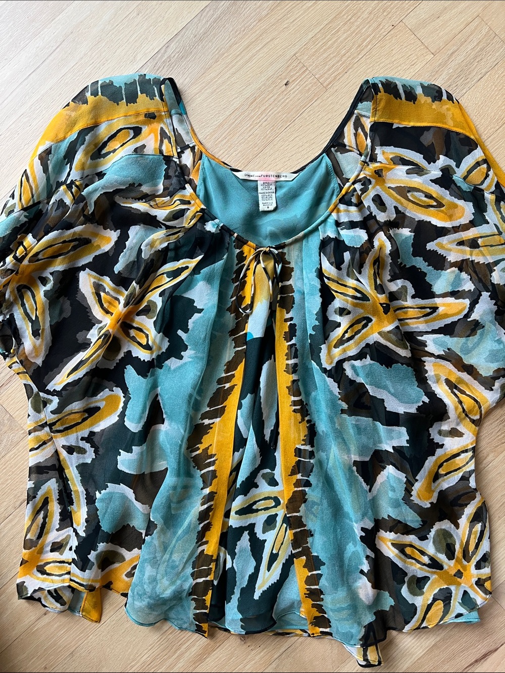 Diane Von Furstenberg Teal, Mustard & Black Floral Peasant Blouse